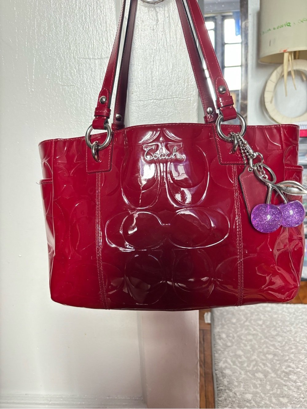 Coach Glossy Patent Leather Tote in Red with Silver Hardware